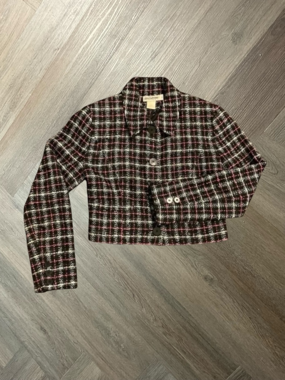 VTG 90s Ann Taylor Petite Crop Jacket Womens 4 Black Pink White Tweed Clueless